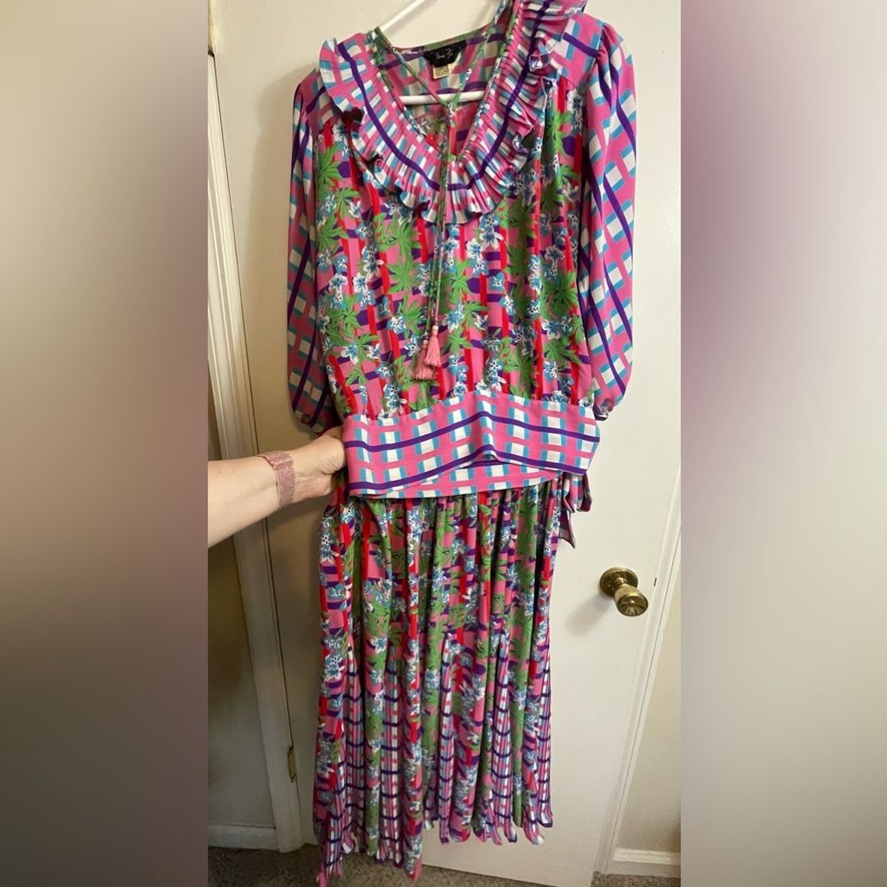 RARE Vintage ‘80s Diane Freis V-Neck Ruffle Blouse with Tassels and Skirt Sz S/M